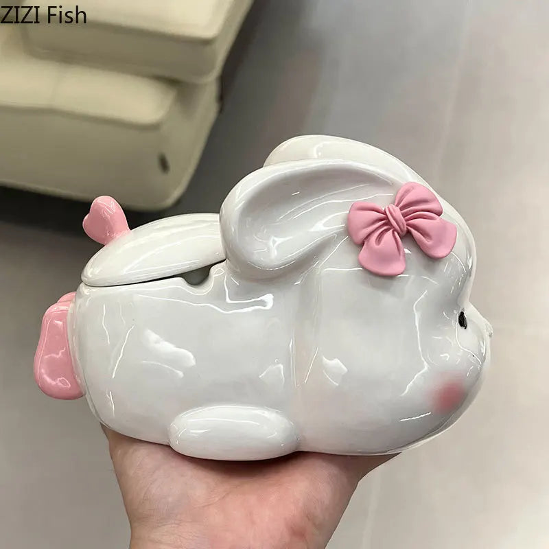 Afralia™ Pink Rabbit Ceramic Ashtray with Lid - Creative Cartoon Desk Decoration