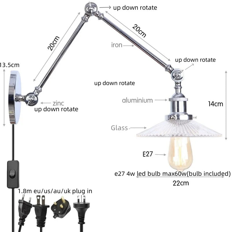 Afralia™ Industrial Loft Swing Arm LED Wall Sconce Glass Vintage Mirror Light