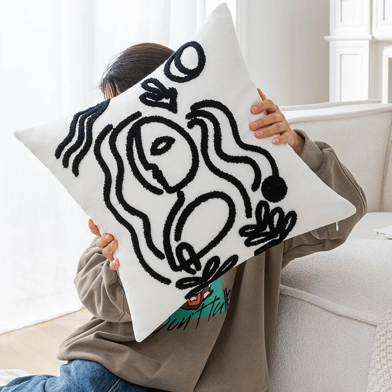 Afralia™ Abstract Art Line Cushion Cover Plush Embroidered Pillowcase