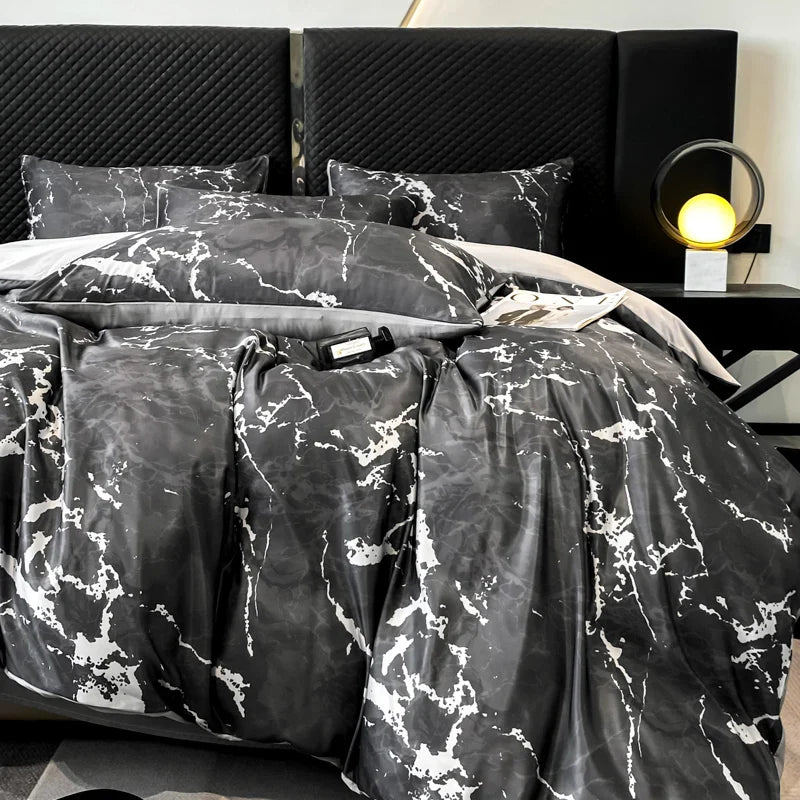 Afralia™ Black Grey Marble Ice Silk Duvet Cover Set - Luxury Cooling Comfort, Nordic Style