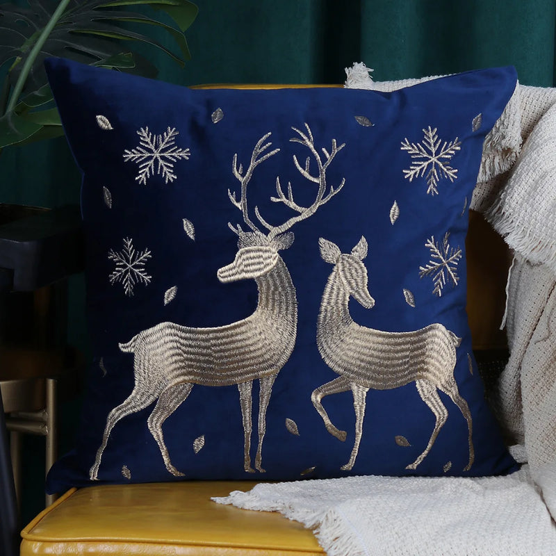 Afralia™ Christmas Elk Embroidered Cushion Cover | Gold & Silver Stamped Holiday Decor