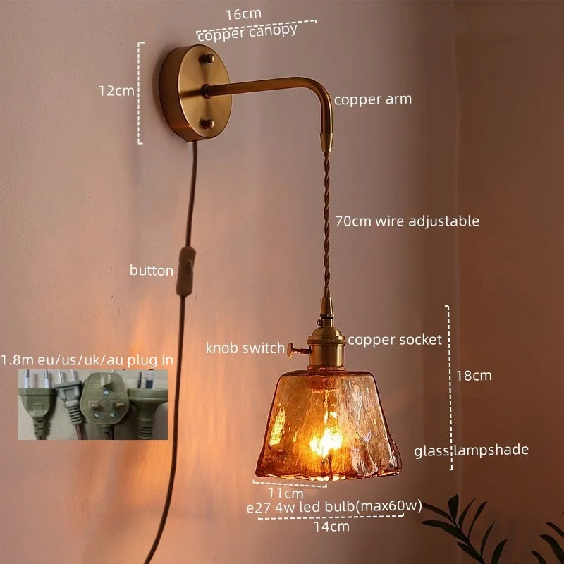 Afralia™ Glass Copper LED Wall Sconce Vintage Style for Bedroom Dining Room Mirror Lighting
