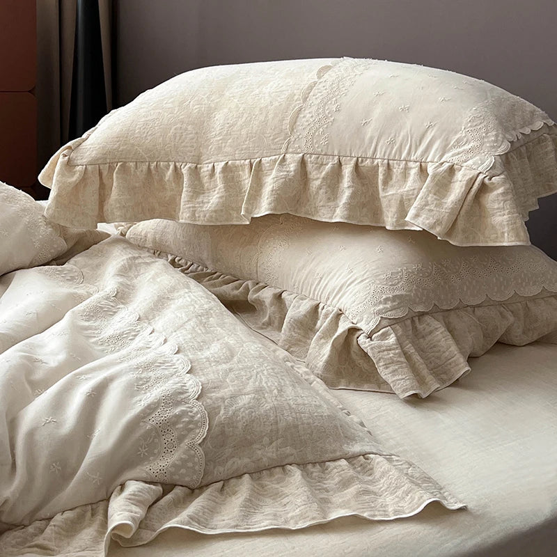 Afralia™ Linen Vintage Jacquard Lace Ruffles Bedding Set: Duvet Cover, Sheet, Pillowcases