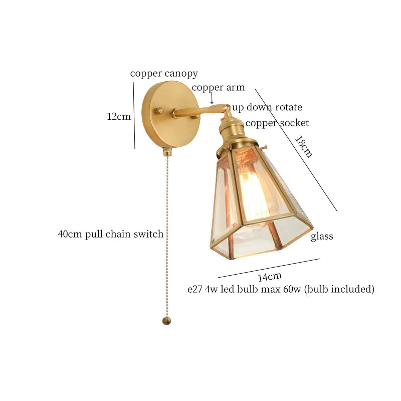 Afralia™ Hexagonal Glass LED Wall Lamp Vintage Copper Pull Chain Switch for Living Room