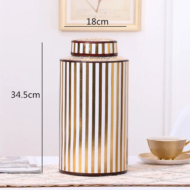 Afralia™ Golden Stripe Ceramics Vase with Cover, Modern Storage Jar for Home Decor