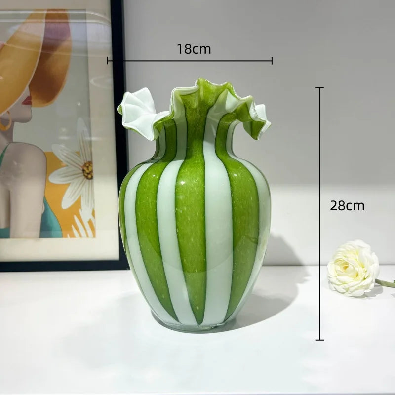 Afralia™ Striped Glass Vase Wavy Edge Flower Pot Terrarium Room Decoration