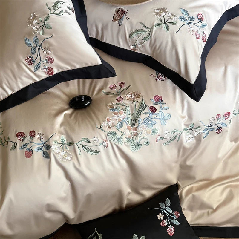 Afralia™ 1000TC Cotton Butterfly Flowers Embroidery Bedding Set with Duvet Cover, Sheet, Pillowcases