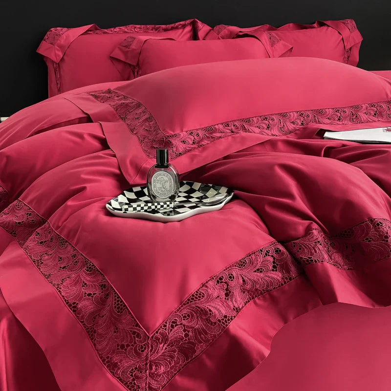 Afralia™ Lace Embroidery 1200TC Egyptian Cotton 4Pcs Bedding Set with Wide Hollow Design