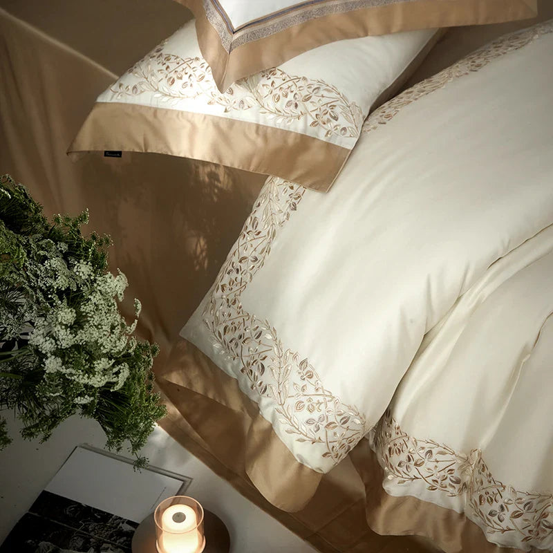 Afralia™ Silky Eucalyptus Cotton Embroidery Bedding Set with Duvet Cover, Sheet, Pillowcases
