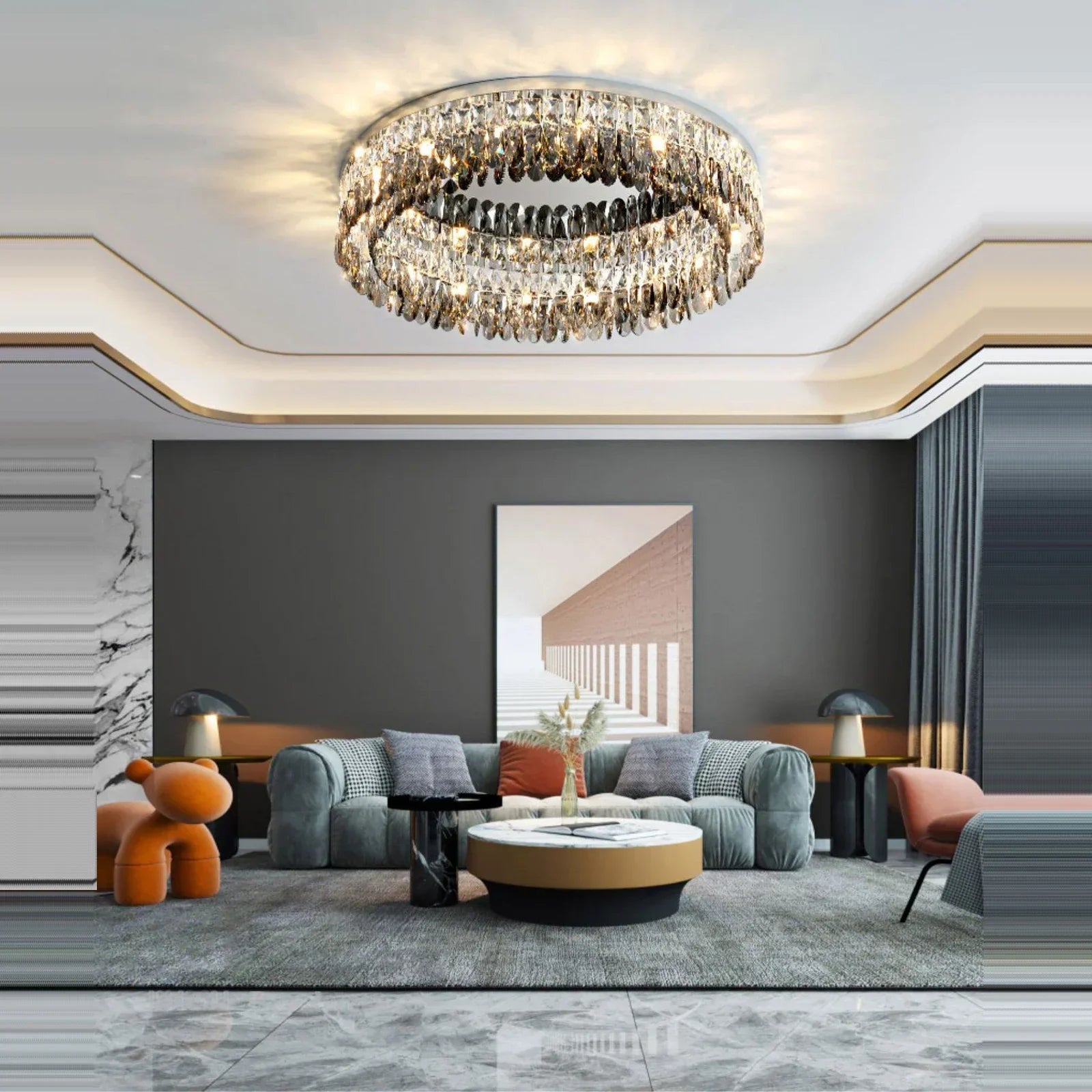 Afralia™ Luxury Led Crystal Chandelier for Living Room, Modern Chrome Ceiling Lighting Fixture