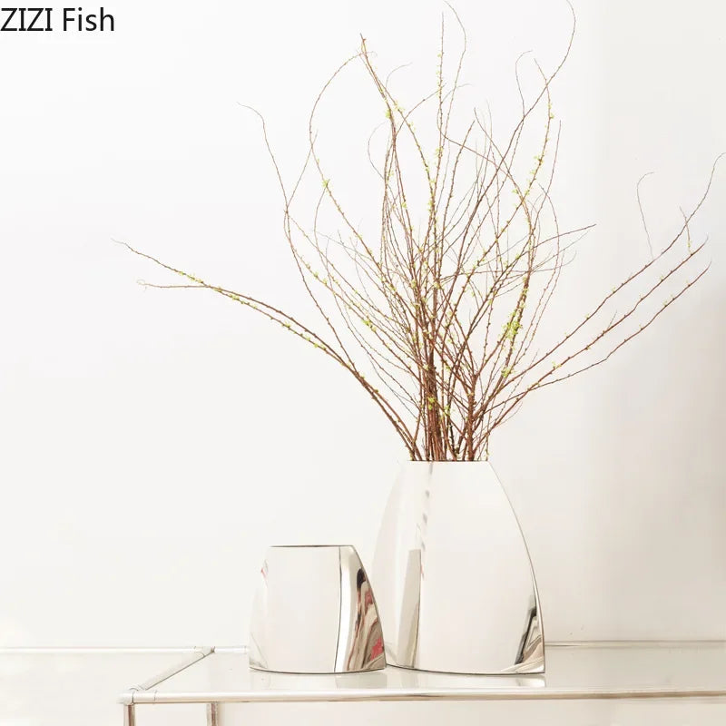 Afralia™ Silver Arc Metal Vase, Desk Decoration, Floral Vase, Room Decor Aesthetic