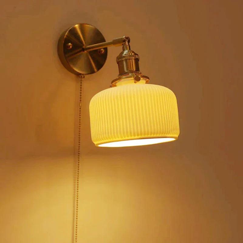 Afralia™ Ceramic Sconce Lamp, Vintage Brass Wall Light, Modern Minimalist Bedside Reading Lamp