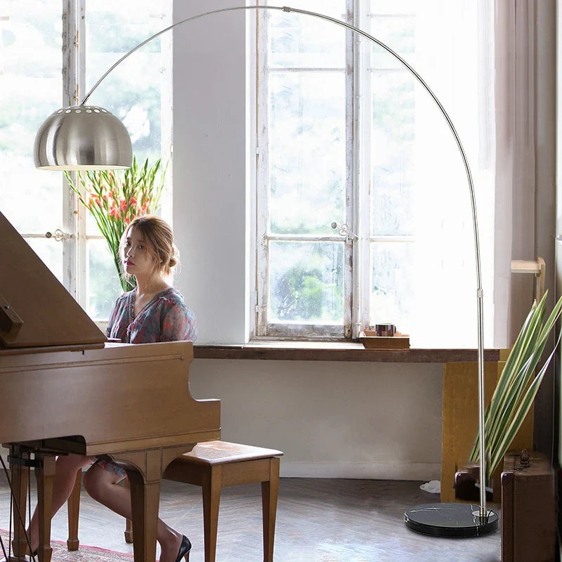 Afralia™ Nordic Marble Wooden Arc Floor Lamp Silver Study Lighting