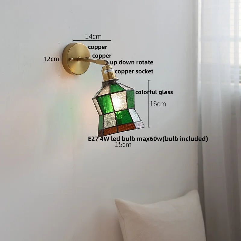 Afralia™ Colorful Square Glass LED Wall Lights with Pull Chain Switch, Tiffany Style