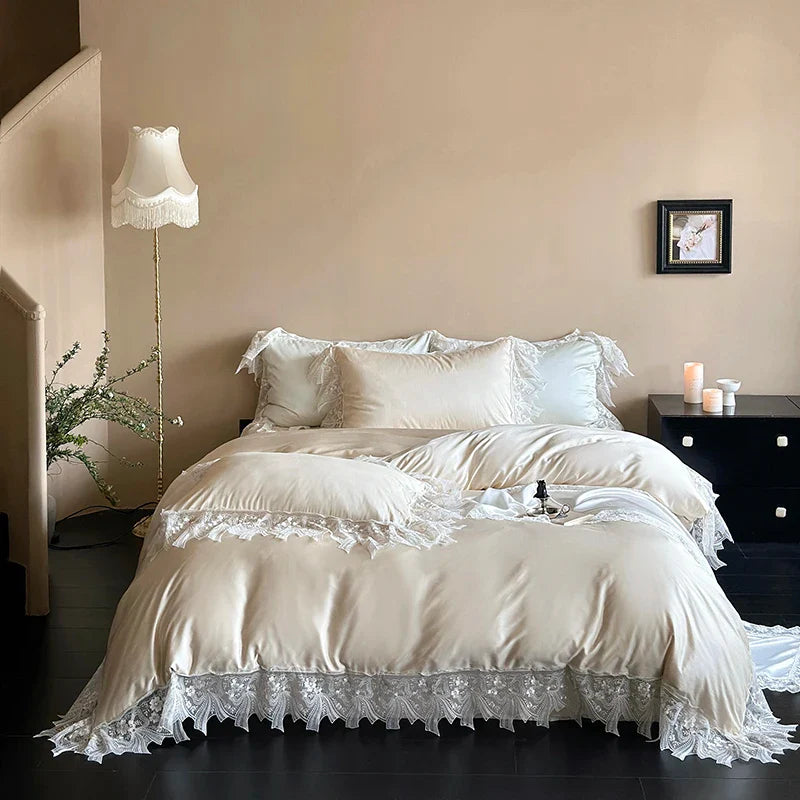 Afralia™ Romantic Lace Ruffles Bedding Set in Lyocell Cotton, Silky Duvet Cover, Bed Sheet, Pillowcases