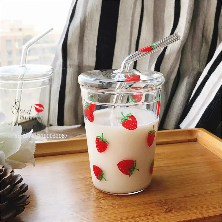 Afralia™ Strawberry Glass Cup 300/350ml Heat Resistant with Lip, Straw, Cute Design