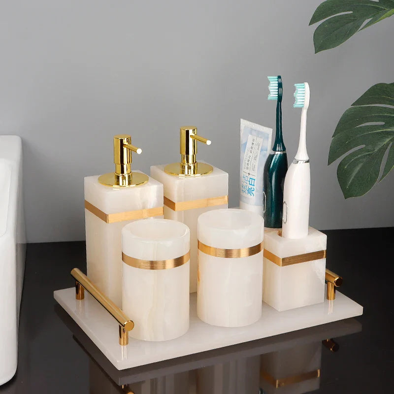 Afralia™ White Onyx Marble Bathroom Set Gold Luxury Soap Dispenser Toothbrush Holder