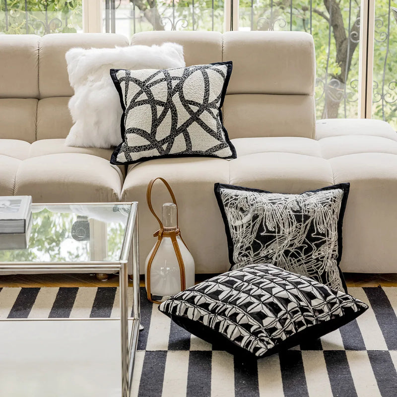 Afralia™ Geometric Jacquard Embroidered Pillow Cover in Modern Minimalist Black and White Style