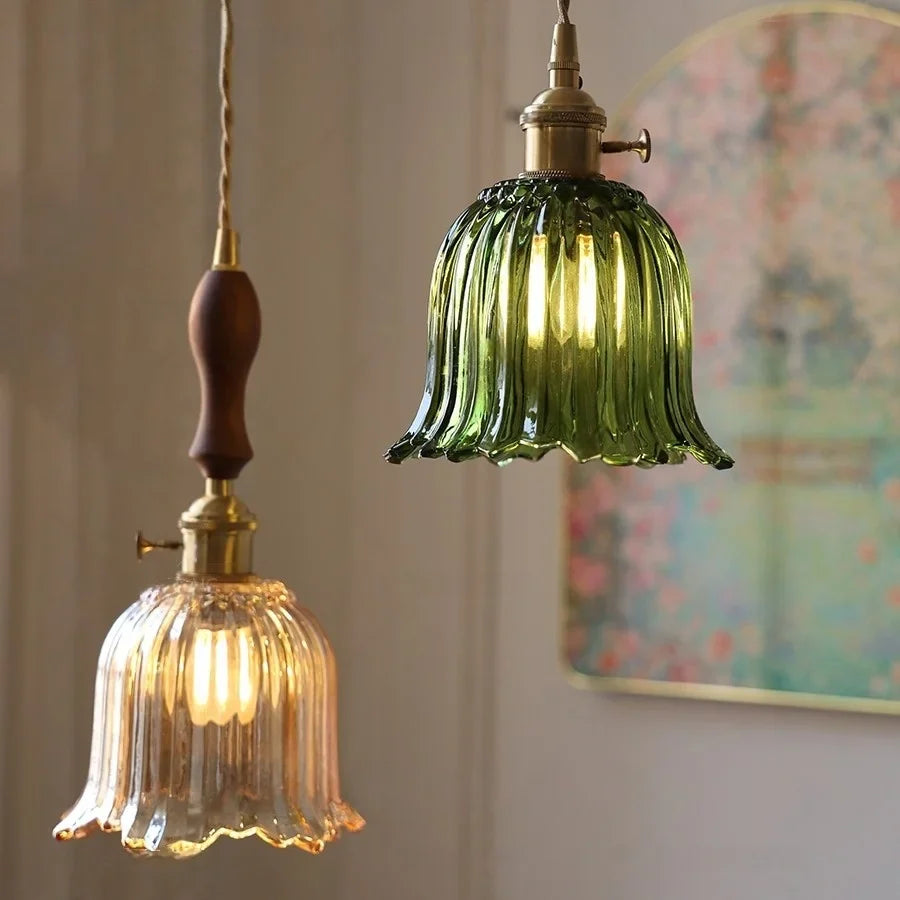 Afralia™ Walnut Wood LED Pendant Light Fixture with Glass Lampshade and Knob Switch