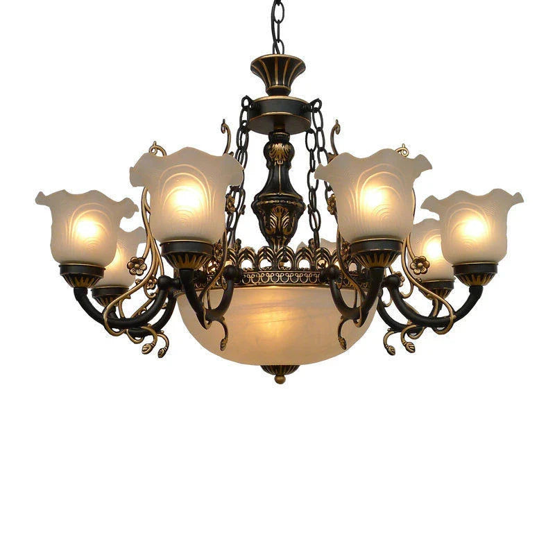 Afralia™ Vintage Iron Chandelier with Glass Lampshade Lighting Fixture