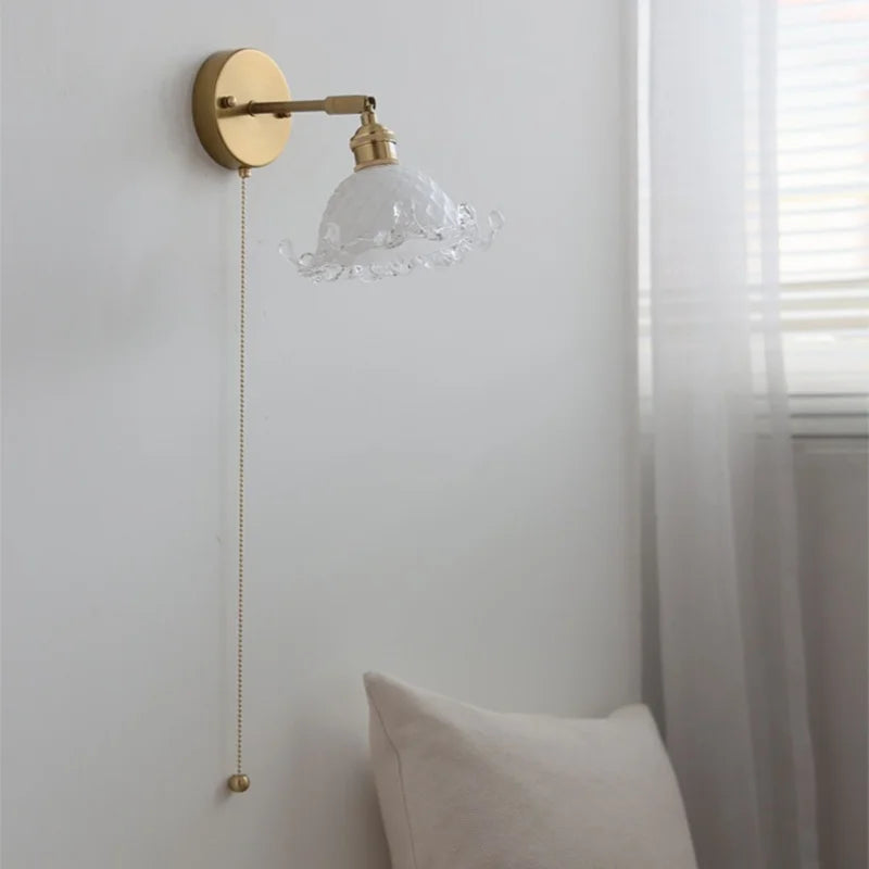 Afralia™ White Glass Copper LED Wall Sconce with Pull Chain Switch