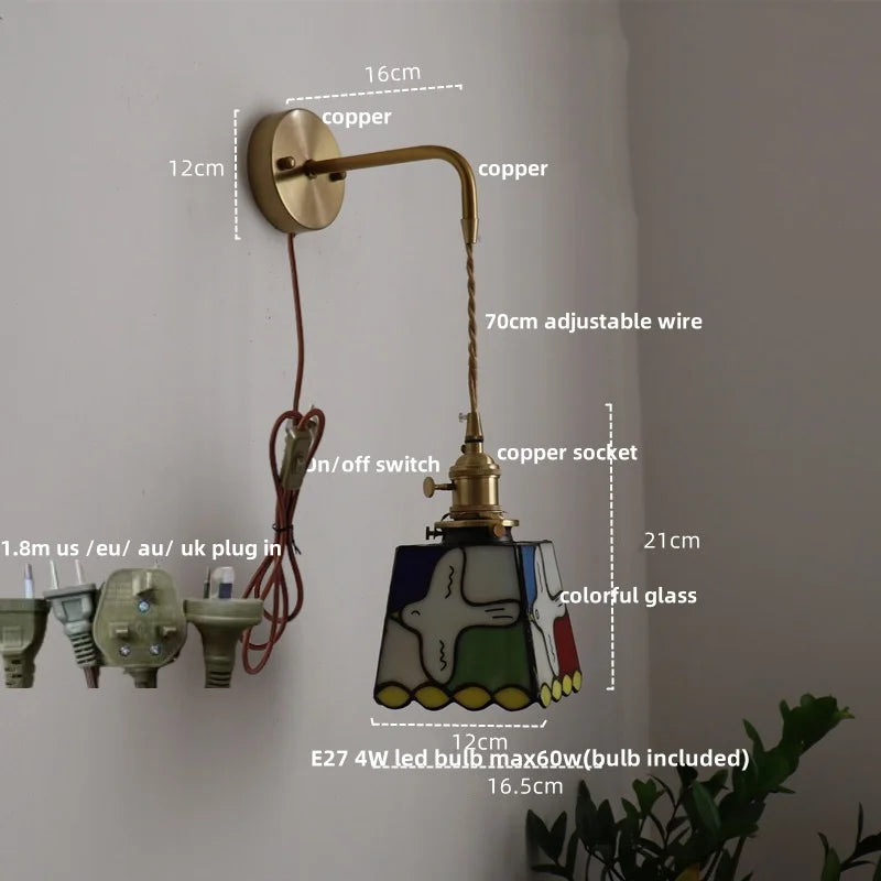 Afralia™ Tiffany Style Peace Dove Glass Wall Sconce LED Lamp with Adjustable Wire and Pull Chain Switch.