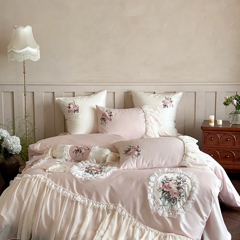 Afralia™ Pink Flowers Lace Ruffles Wedding Bedding Set 1000TC Egyptian Cotton Décor