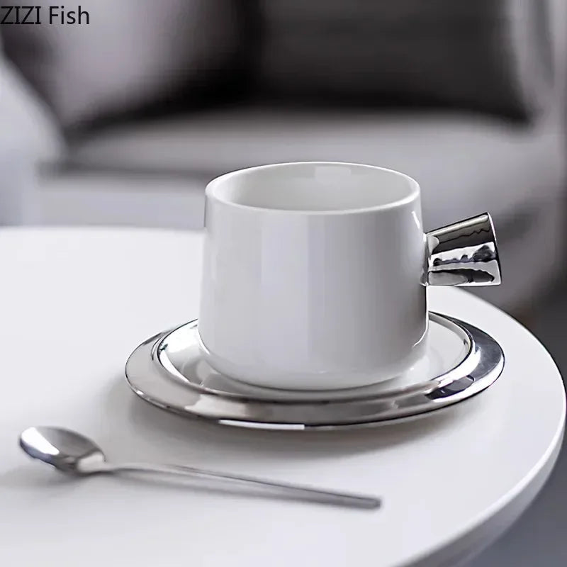 Afralia™ Silver-Plated Round Ceramic Mug Set for Dining Table, Coffee, Tea, Juice