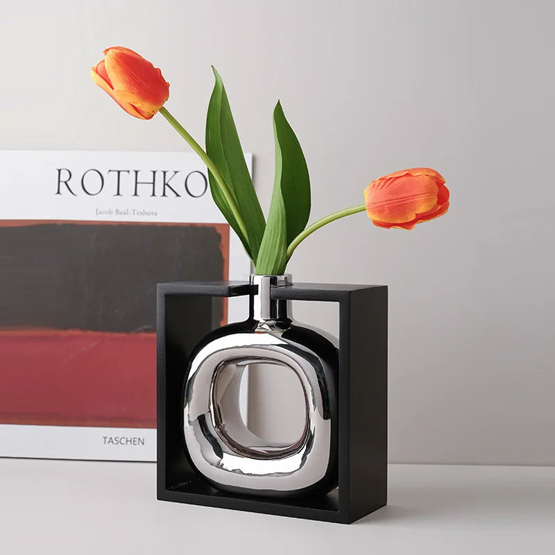 Afralia™ Silver Ceramic Cutout Frame Vase: Home Decor Terrarium Flower Arrangement