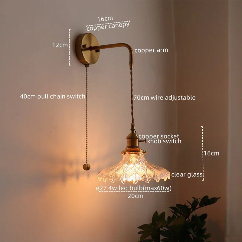 Afralia™ Copper Glass LED Wall Lights Vintage Style Bedside Lamp