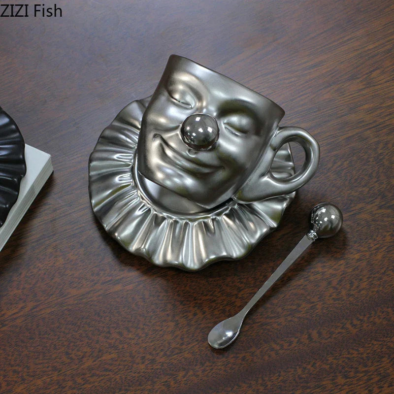 Afralia™ Joker Head Cup & Saucer Porcelain Coffee Mug Set - Clown Character Tea Teacup