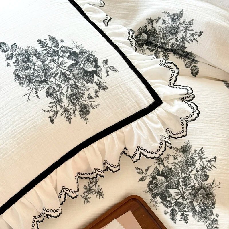 Afralia™ Ruffled Embroidery Cotton Bedding Set: Duvet Cover, Sheet Set, Pillowcase
