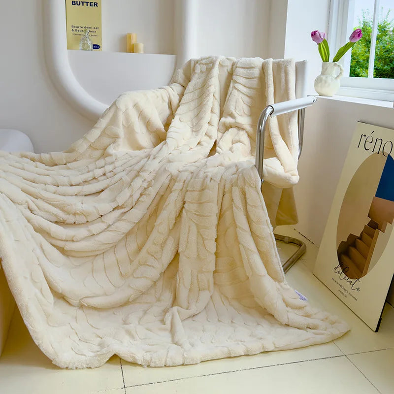 Afralia™ Plush Banana Leaf Jacquard Double Layered Fur Blanket