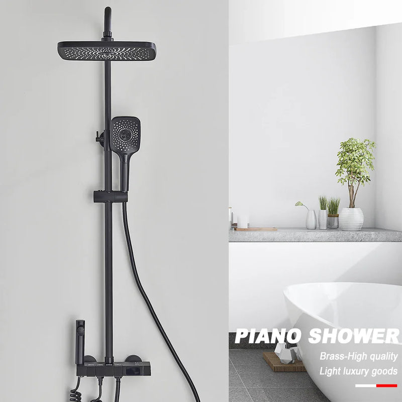 Afralia™ Black Piano Digital Shower System with Intelligent Brass Faucets and White Rainfall Shower