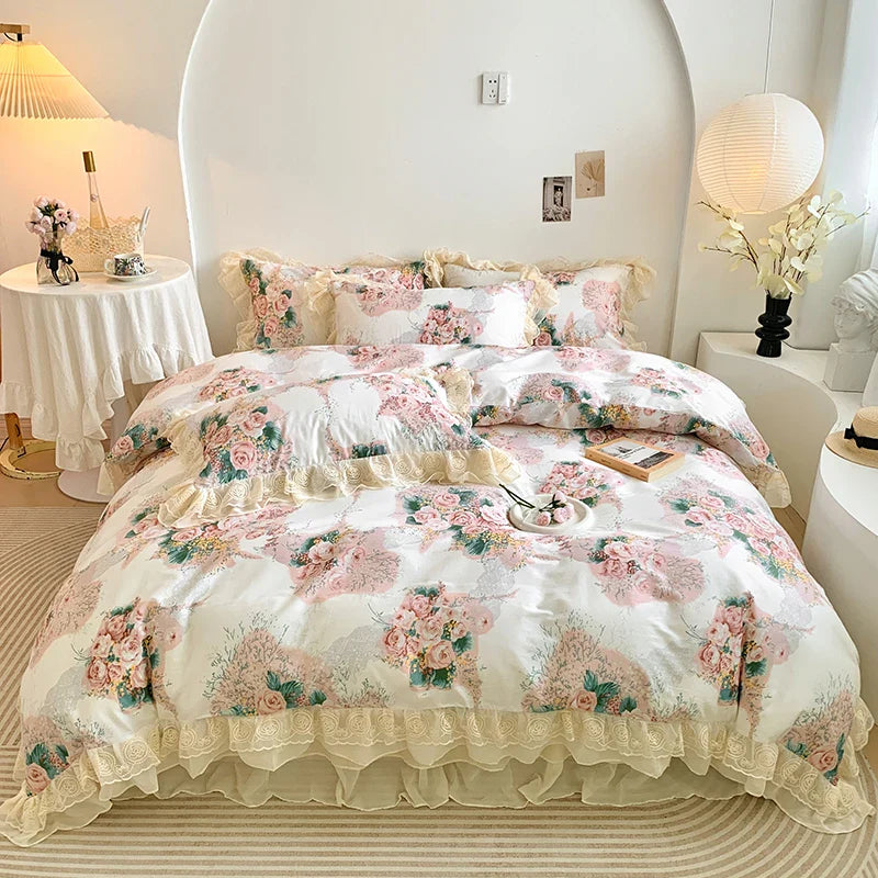 Afralia™ Vintage Rose Floral Double Layer Lace Ruffles 100% Cotton Bedding Set