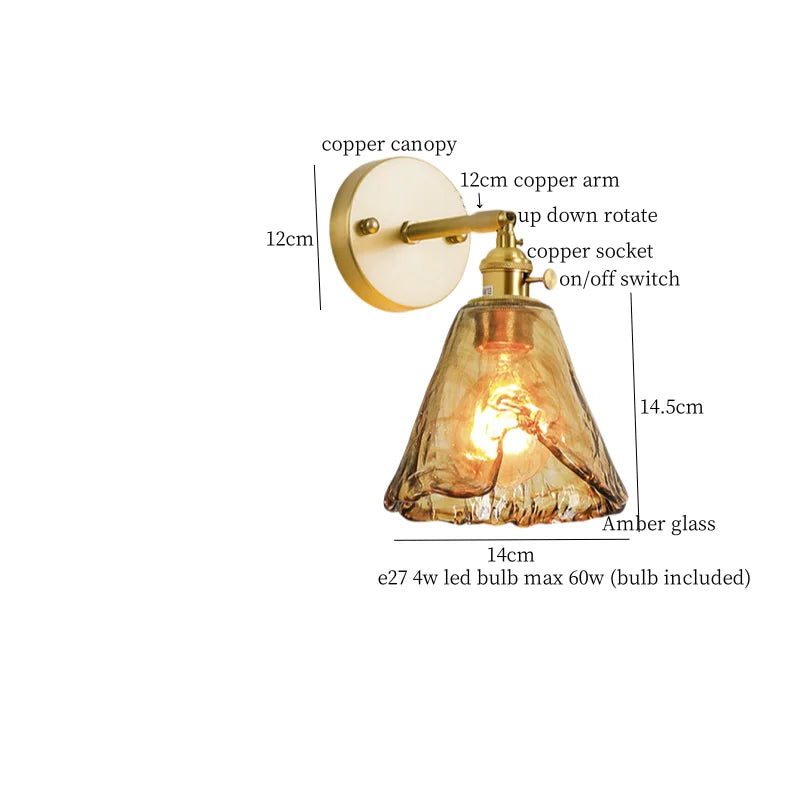 Afralia™ Glass LED Wall Sconce Bedroom Loft Bathroom Stair Light Pull Chain Copper