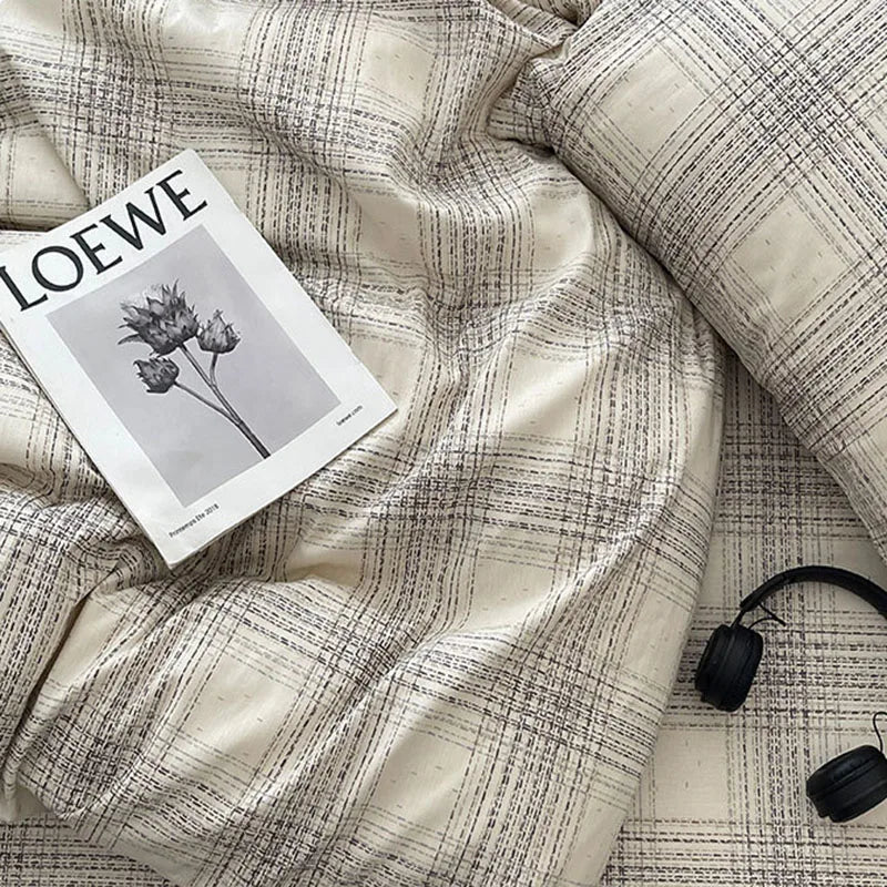 Afralia™ Natural Cotton Grid Duvet Cover - Twin Double Size