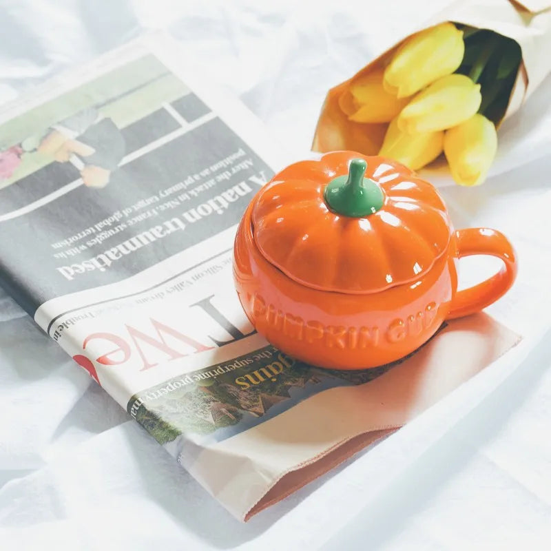 Afralia™ Ceramic Pumpkin Thermos Cup with Lid - Halloween Breakfast Milk Oatmeal Mug