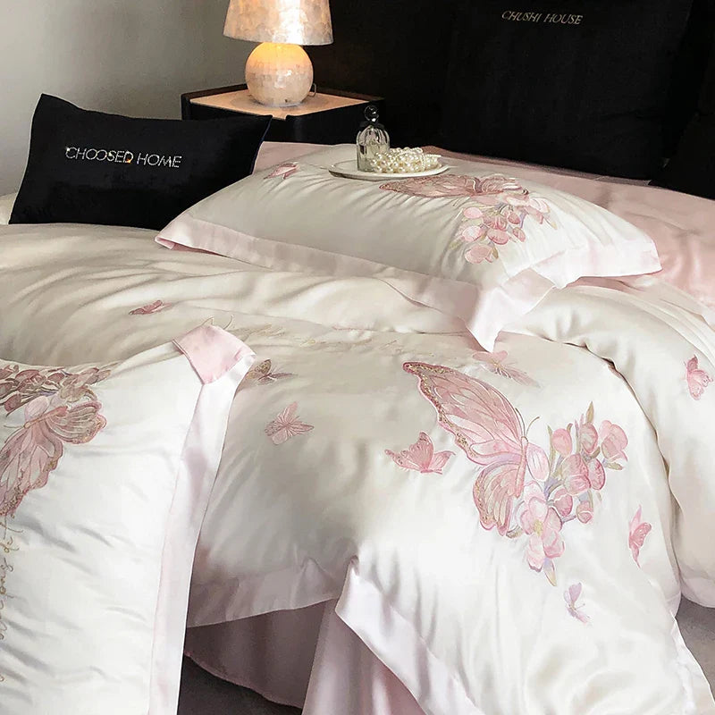 Afralia™ Pink Butterfly Flowers 1000TC Egyptian Cotton Bedding Set - 4Pcs