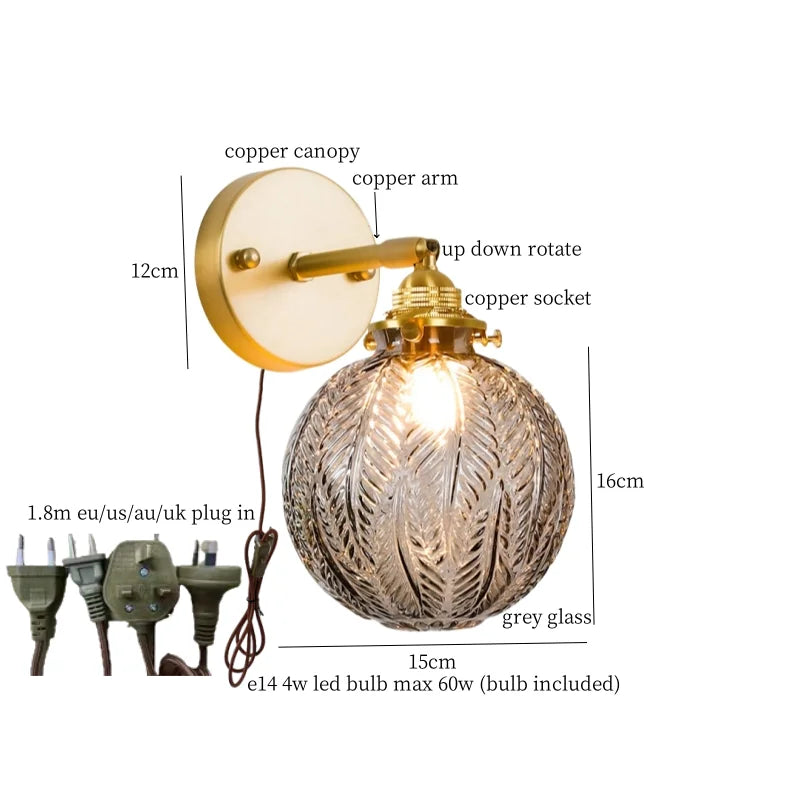 Afralia™ Grey Glass LED Wall Lamp Bedroom Living Room Loft Modern Copper Wandlamp