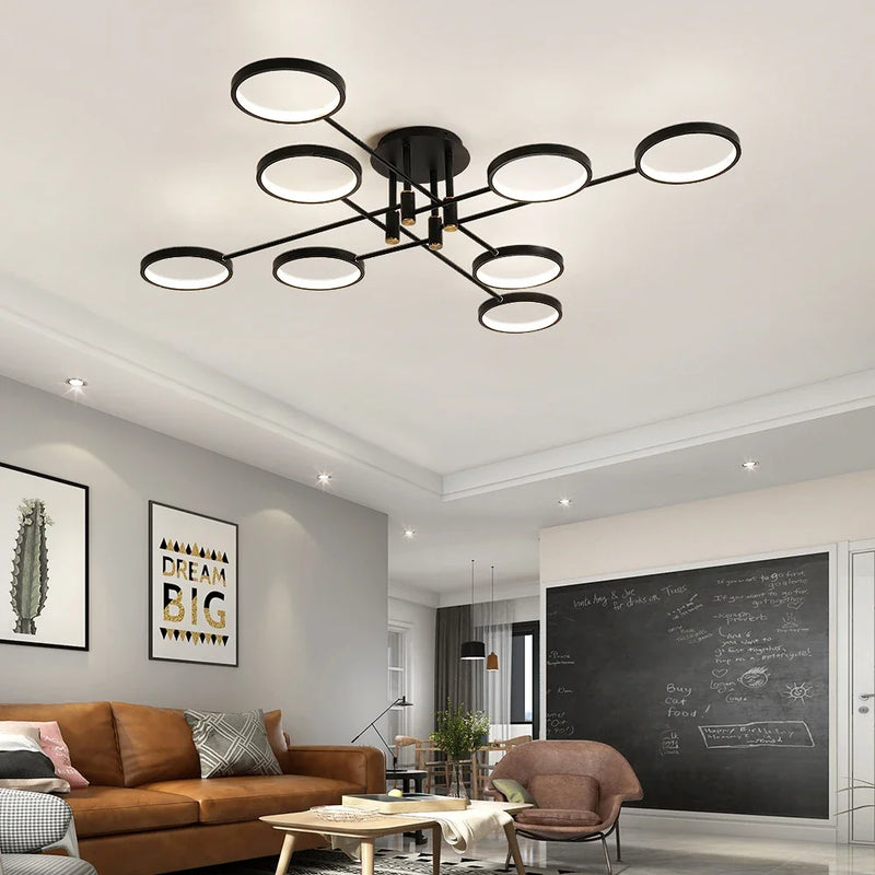 Afralia™ Modern LED Chandelier Black Aluminum Ceiling Light with Remote Control