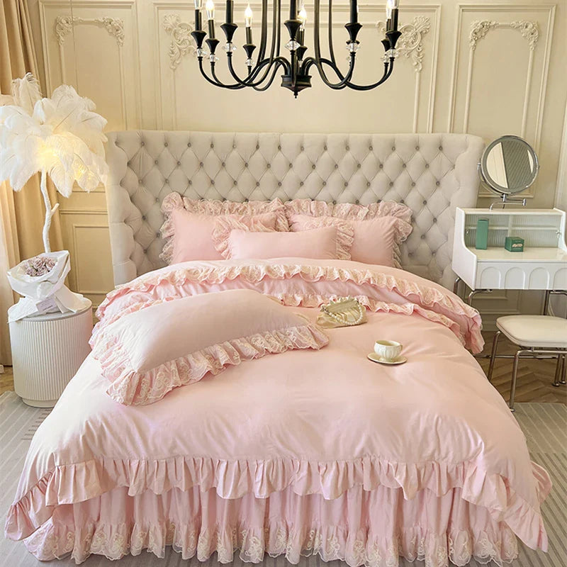 Afralia™ Korean Princess Lace Ruffles Bedding Set in Bean Paste Pink