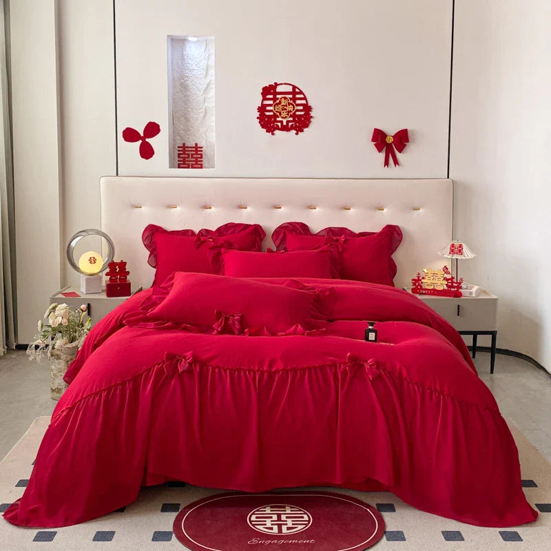 Romantic Lace Ruffles Bedding Set by Afralia™: Duvet, Sheet, Pillowcase, Princess Wedding Theme