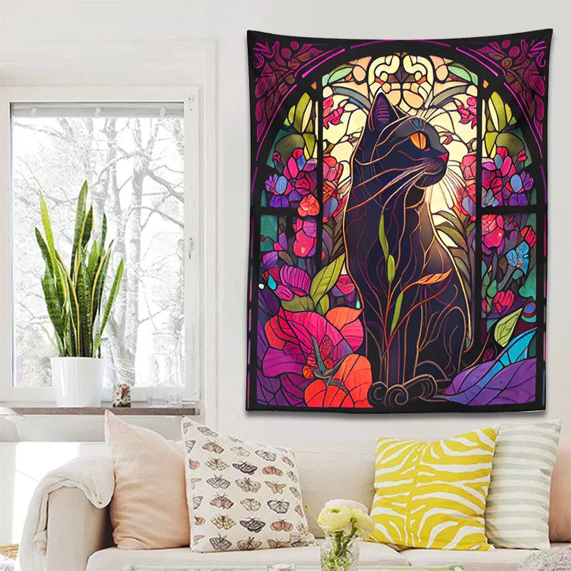 Afralia™ Floral Cat Tapestry Stained Glass Wall Art - Boho Cat Decor