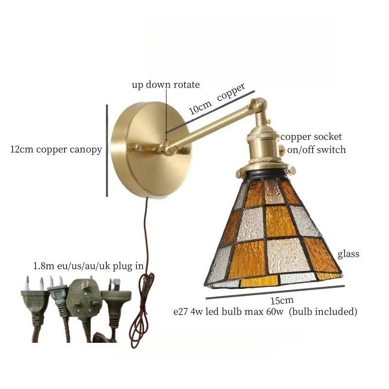 Afralia™ Tiffany Glass LED Wall Lamp Pull Chain Switch Vintage Copper Wall Lights