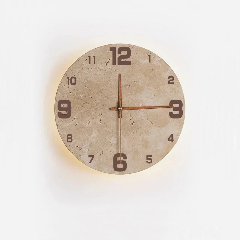 Afralia™ Travertine Marble Clock Wall Light for Creative Wabi Sabi Yellow Living Room