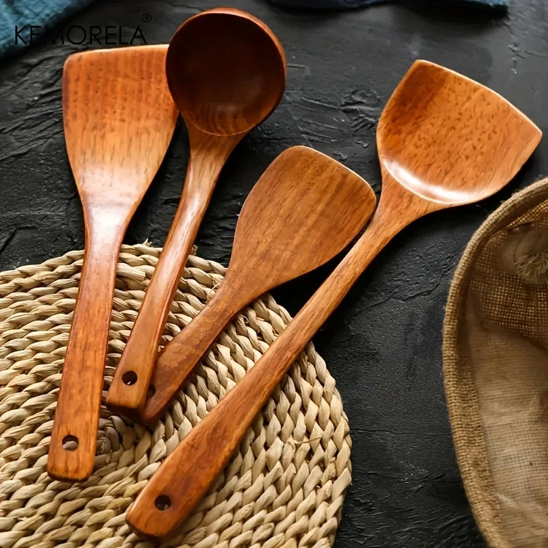 Afralia™ 4-Piece Wooden Kitchen Utensil Set | Nonstick Cooking Tools