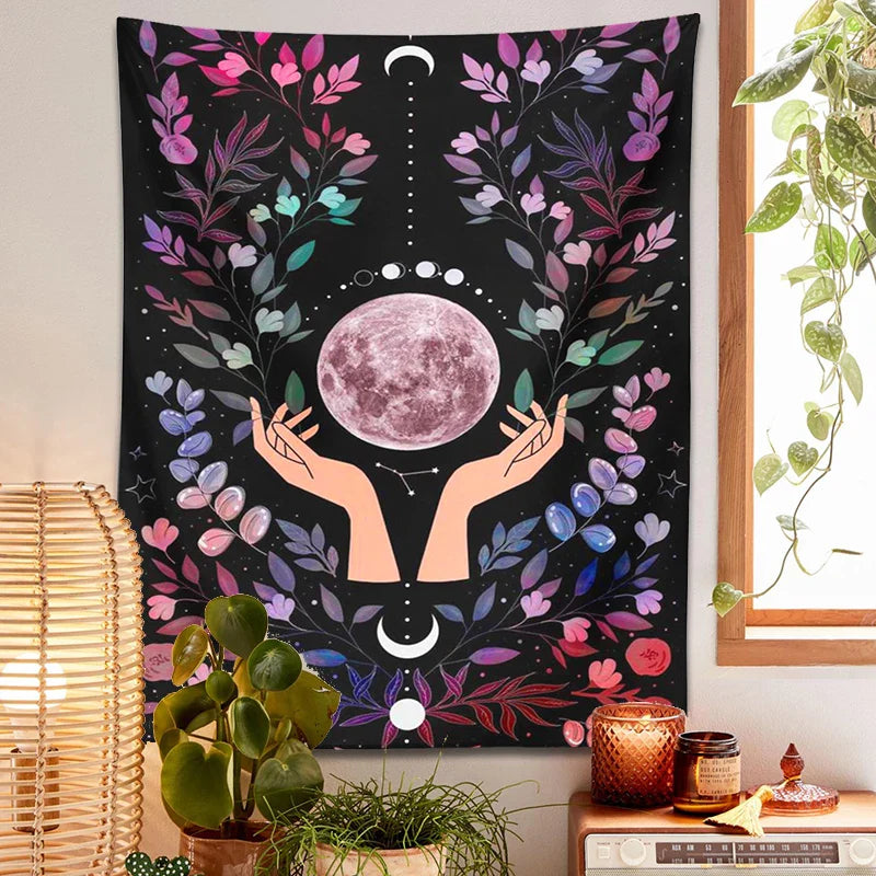 Afralia™ Botanical Moon Tapestry: Psychedelic Boho Wall Art for Magic Crystal Altar & Chakra