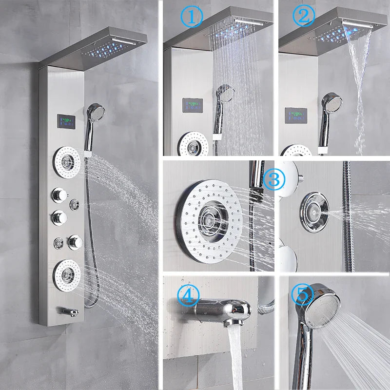 Afralia™ LED Shower Panel Column Faucet with Rainfall Waterfall, Back Jet, Mixer Tap