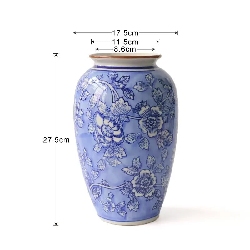 Afralia™ Blue White Porcelain Vase Vintage Ceramic Flower Home Decor Jar
